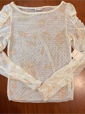 NEW Free People Sheer Ivory Long-Sleeve Swiss Dot Top with Pastel Floral Accents